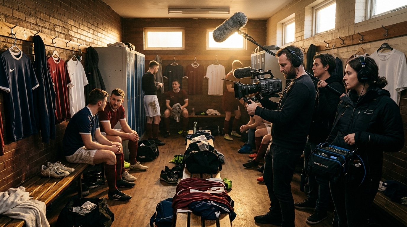 Équipe de tournage filmant les coulisses du vestiaire