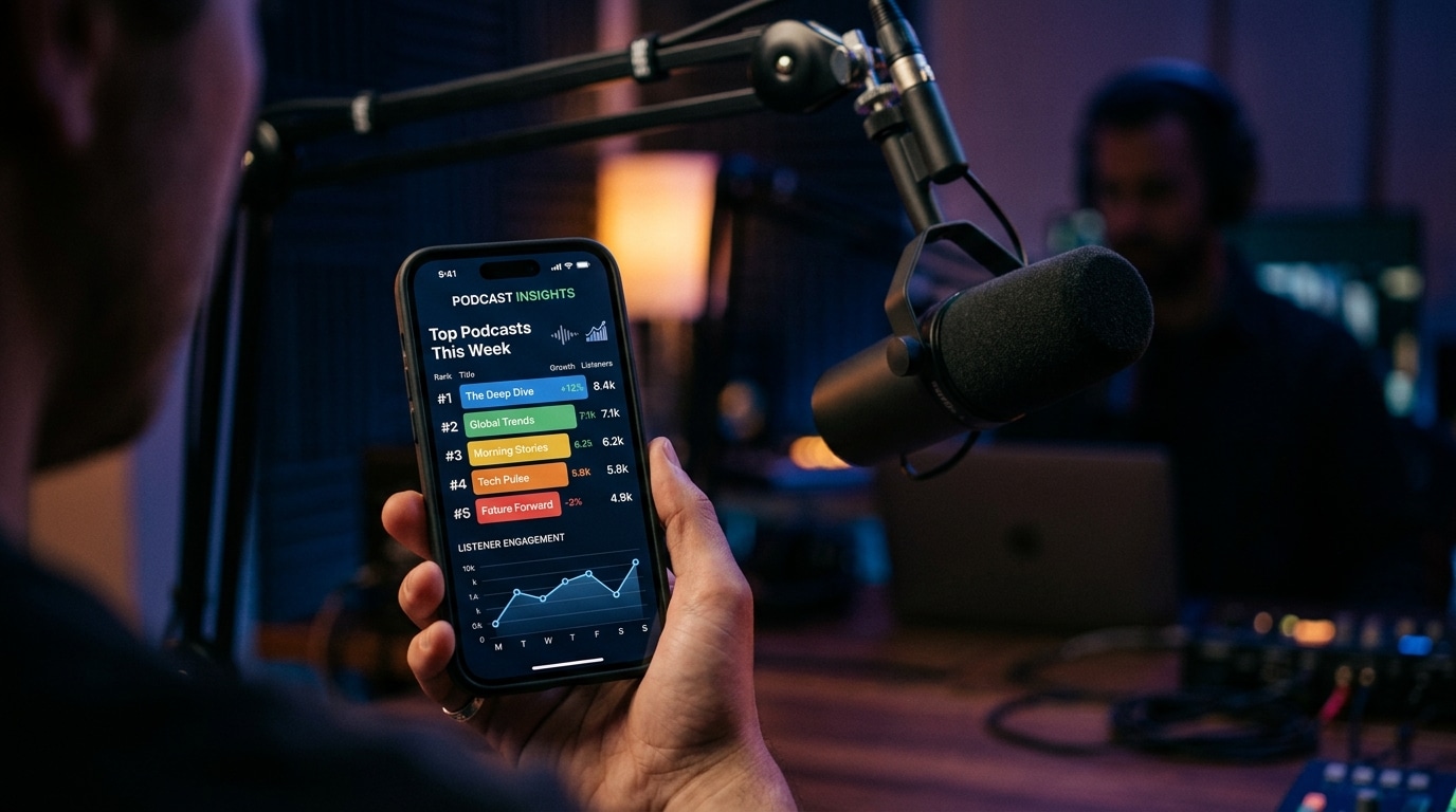 Écran de smartphone affichant un classement de podcasts devant un micro de studio