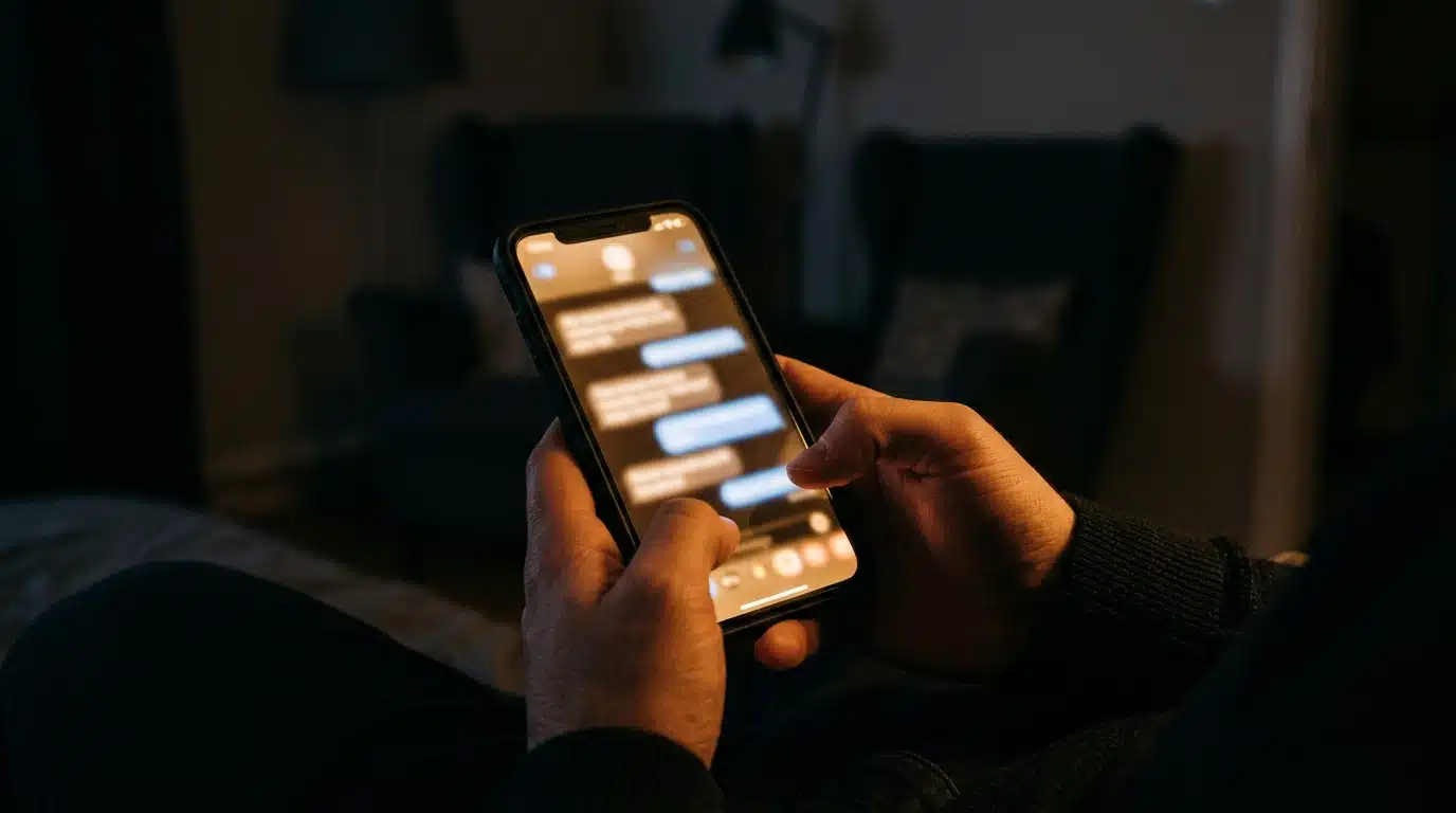 Smartphone affichant une conversation floutée dans l'obscurité