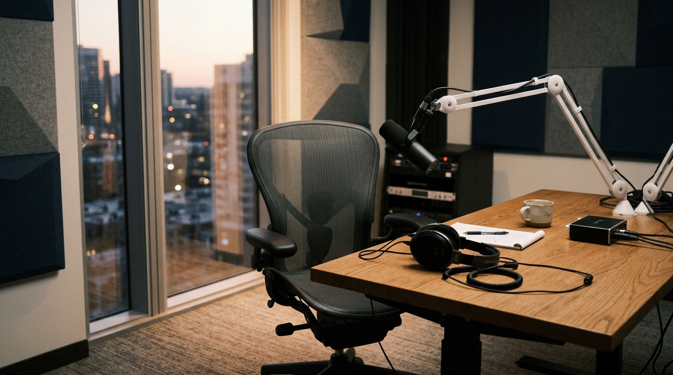 Studio de podcast vide avec chaise et micro abandonnés