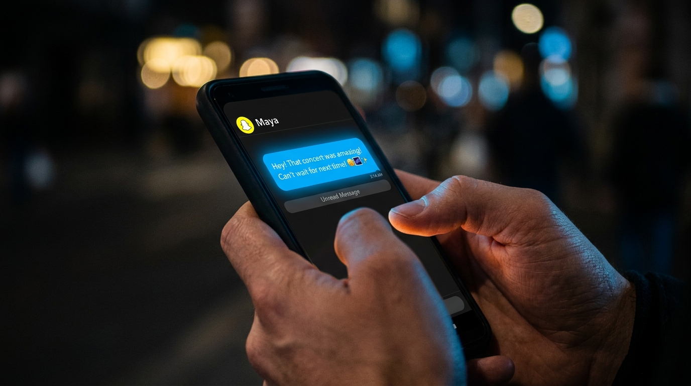 Smartphone affichant une conversation Snapchat dans le noir