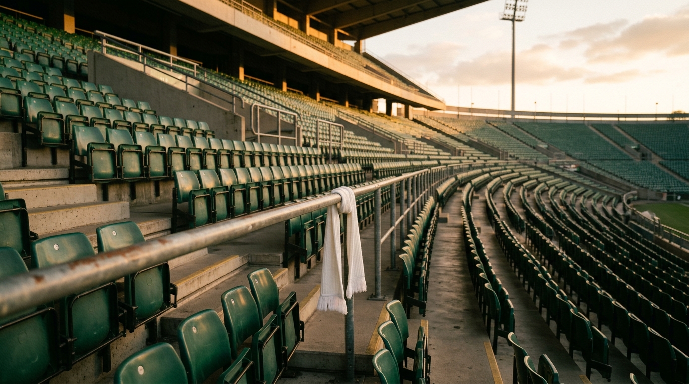 Tribune de stade vide avec écharpe en hommage