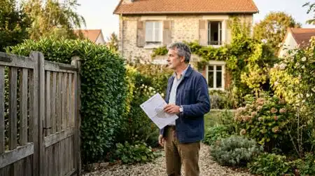 Propriétaire consultant le PLU devant sa clôture de jardin