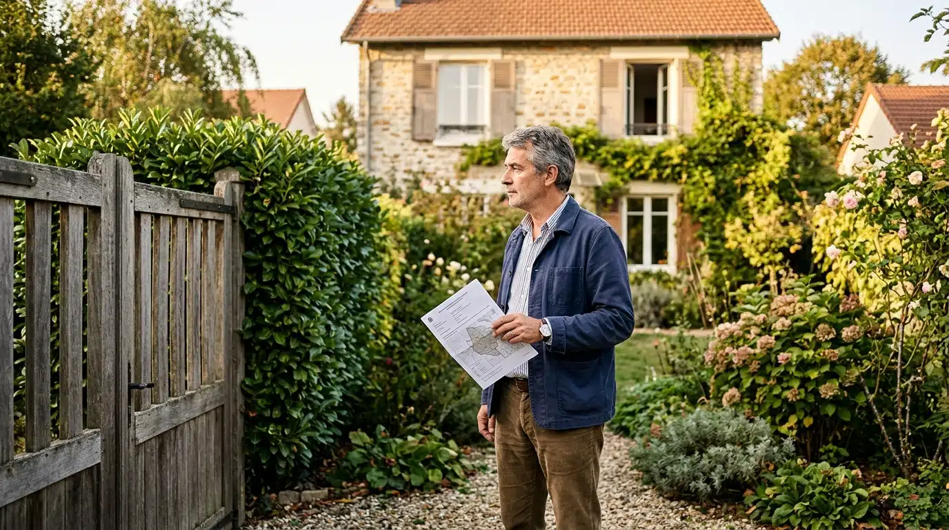 Propriétaire consultant le PLU devant sa clôture de jardin