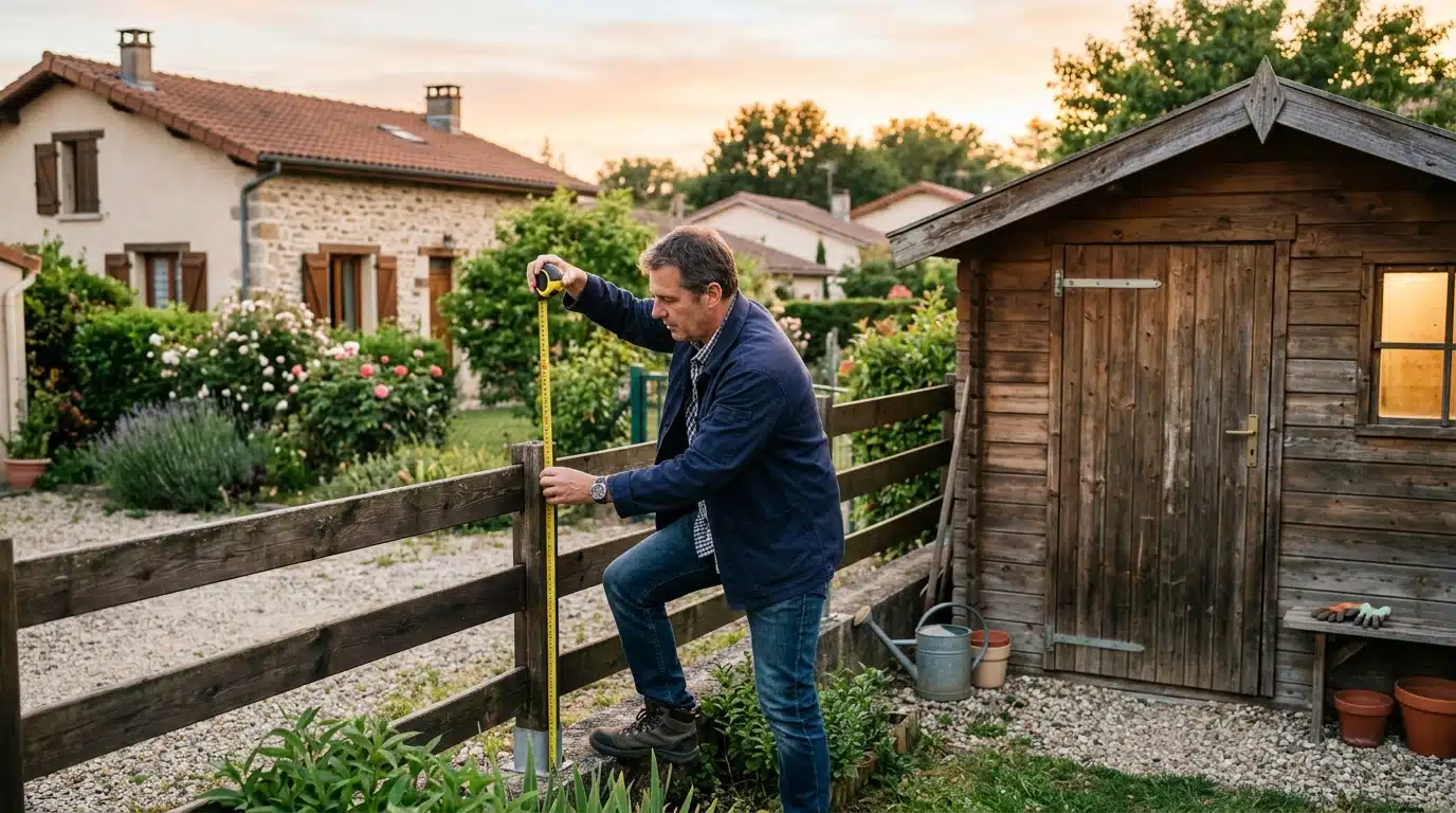 Homme mesurant la hauteur d'une clôture près d'un abri