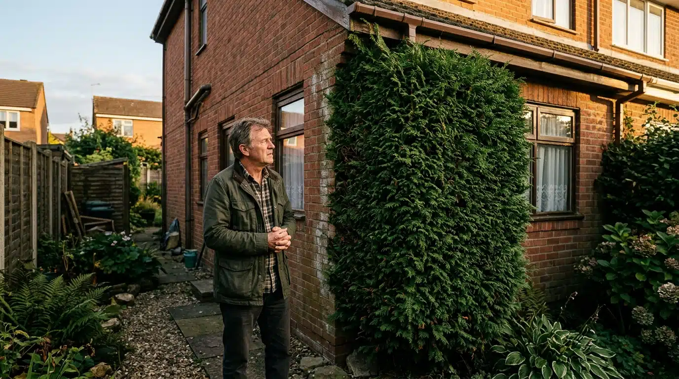 Homme inquiet devant une haie de thuyas collée à sa maison