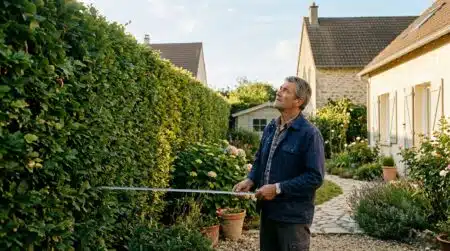 Homme mesurant la hauteur d'une haie de voisinage