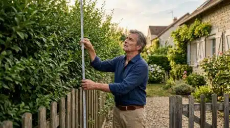 Homme mesurant la hauteur d'une haie de voisinage