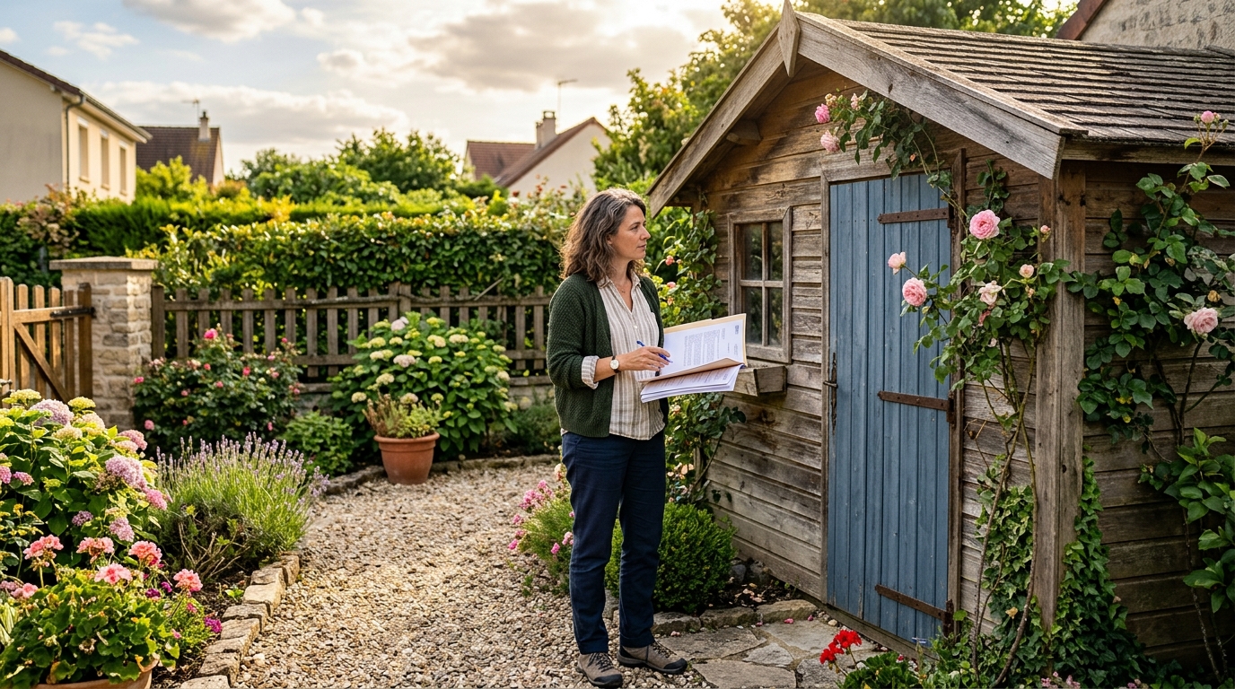 Femme examinant un abri de jardin avec des documents