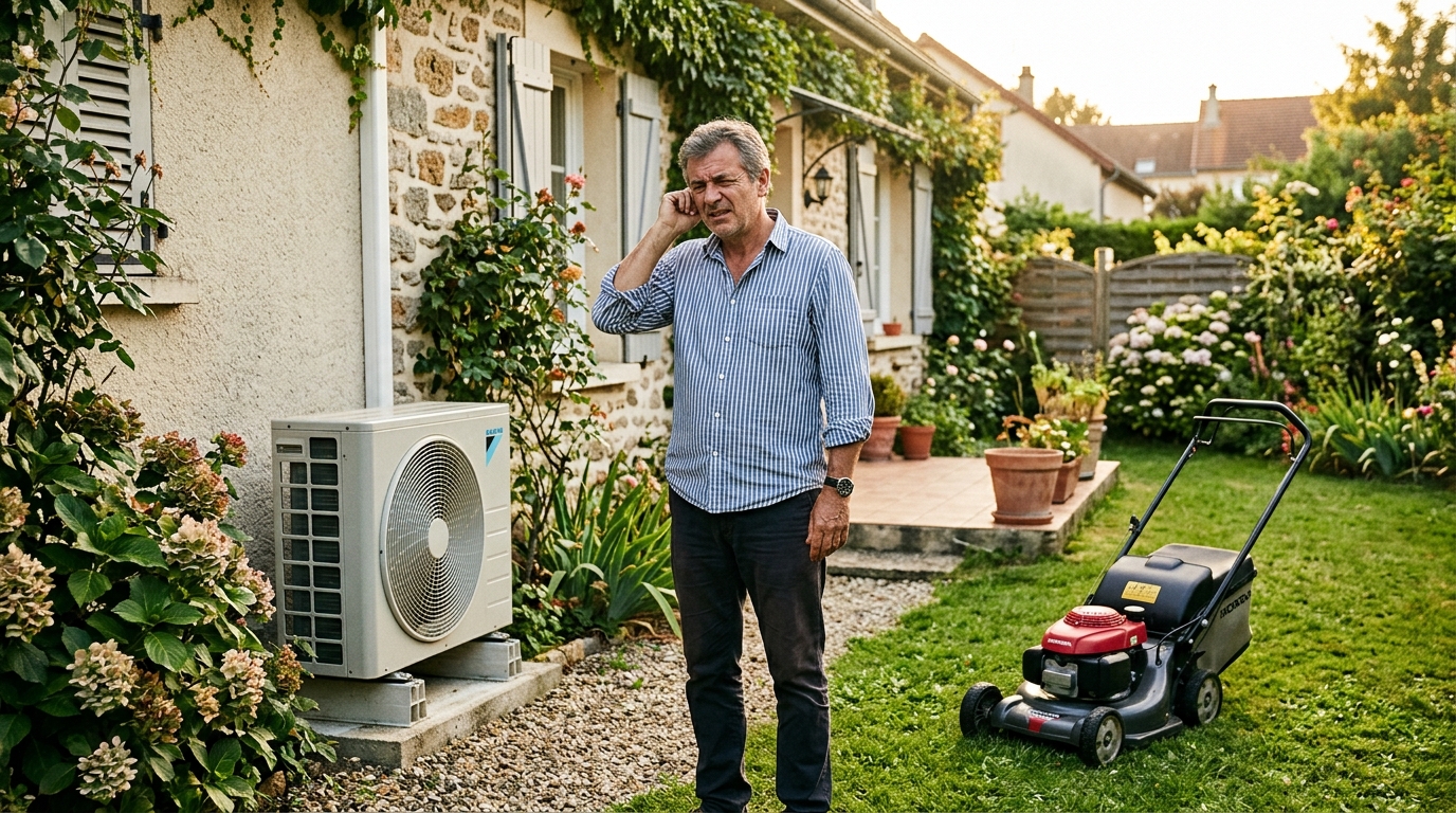 Homme gêné par le bruit d'une climatisation extérieure
