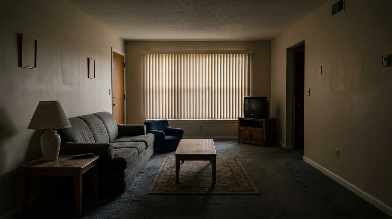 Appartement vide et silencieux évoquant le lieu du drame