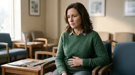 Personne inquiète assise en salle d'attente médicale