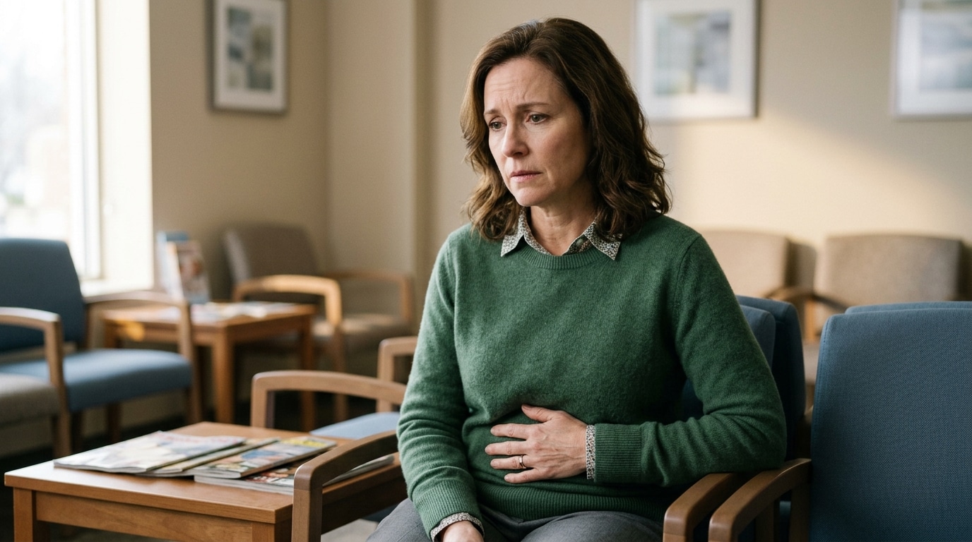 Personne inquiète assise en salle d'attente médicale