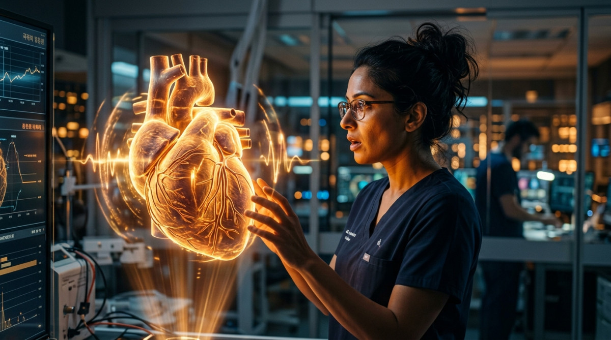 Hologramme médical d'un cœur humain qui bat