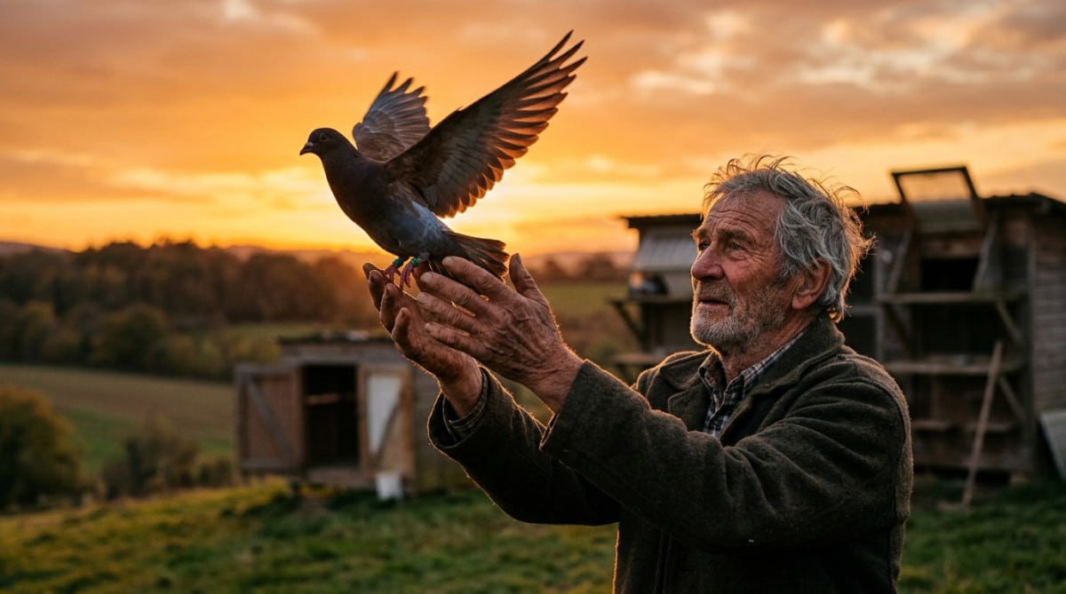 Homme âgé relâchant un pigeon voyageur au coucher du soleil