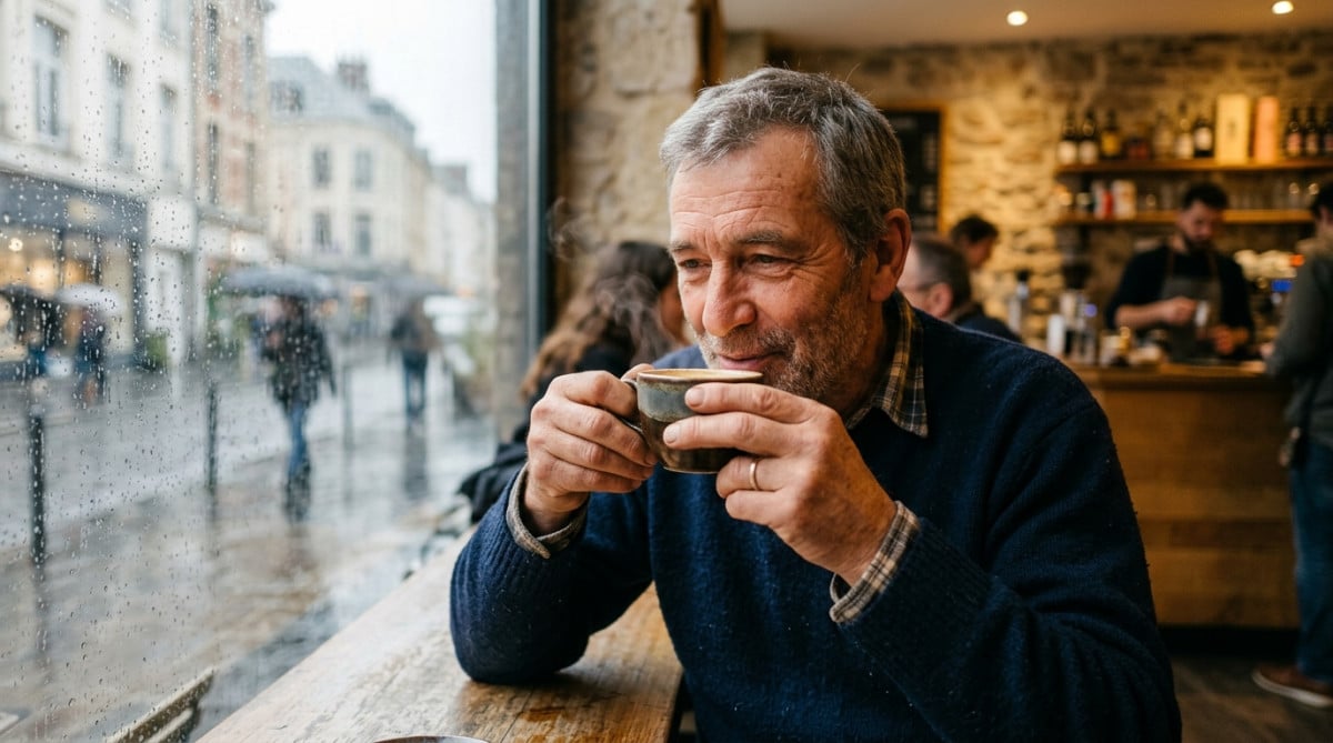 Homme buvant un café chaud dans un bistrot du Nord