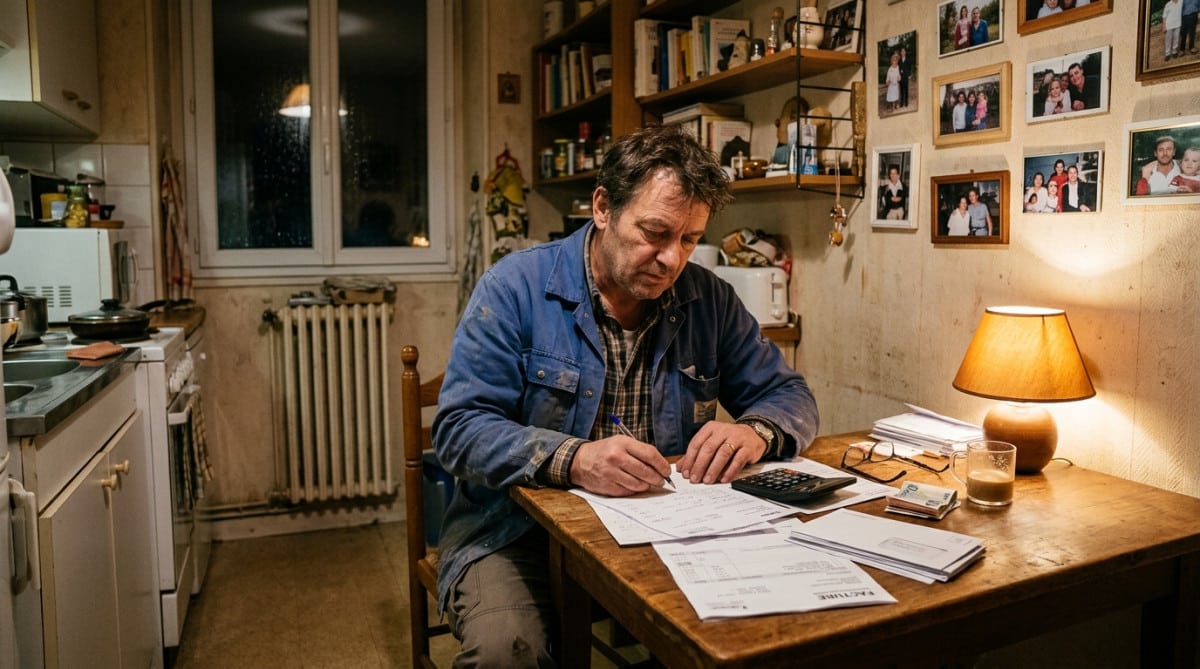 Homme calculant son budget mensuel à la table de cuisine
