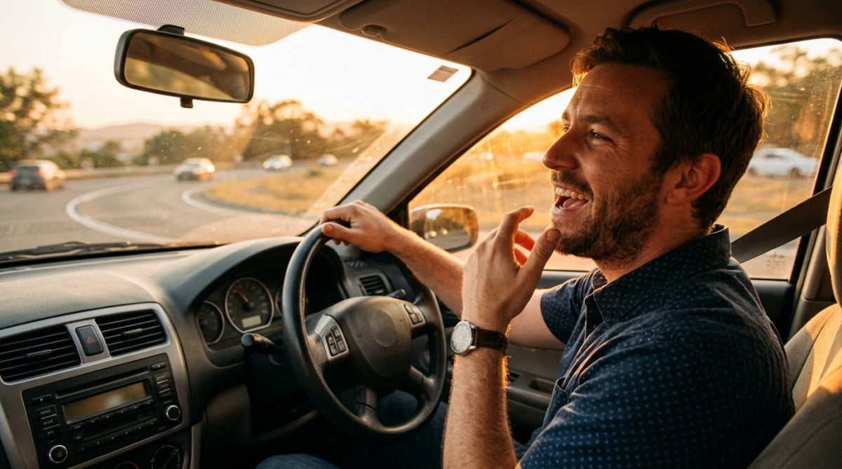 Homme chantant dans sa voiture au coucher du soleil