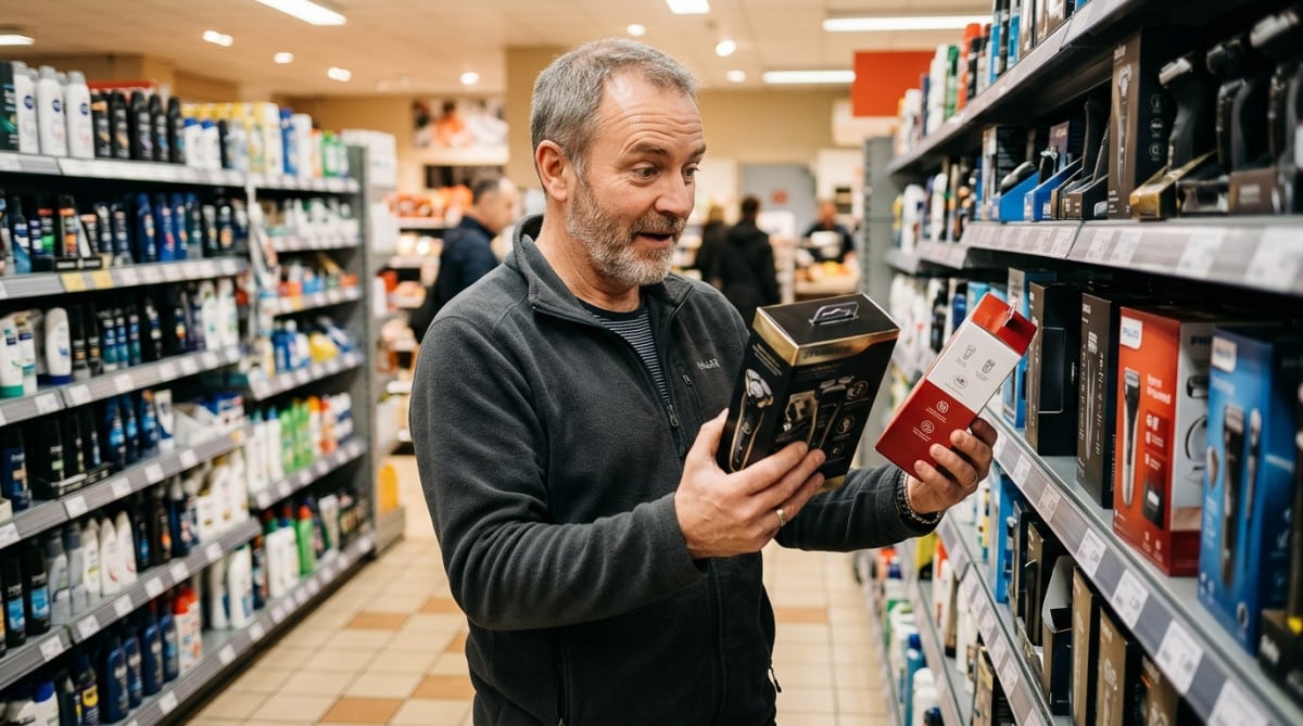 Homme comparant deux rasoirs électriques en magasin