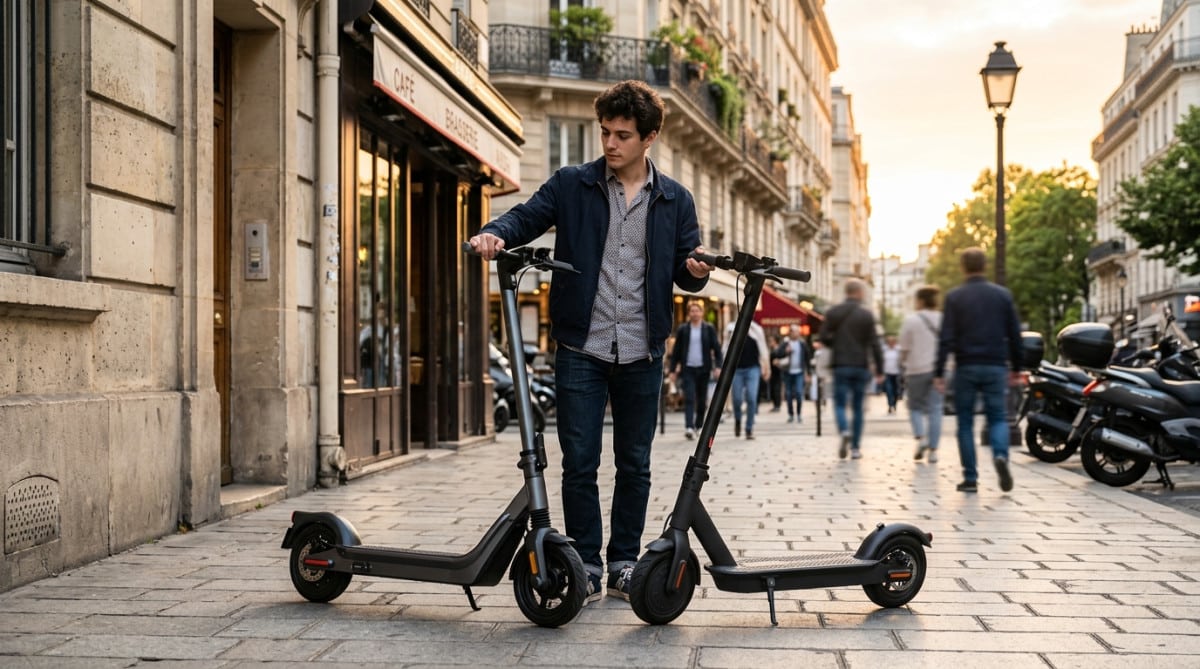 Homme comparant deux trottinettes électriques dans la rue