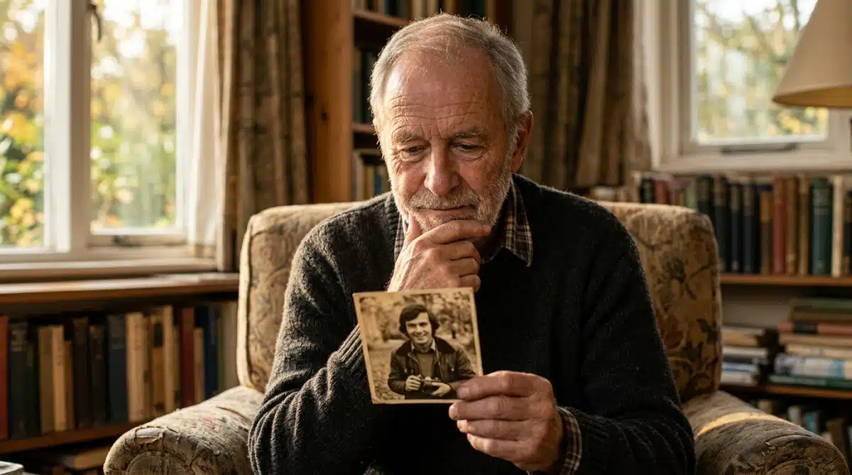 Homme comparant son visage à une photo ancienne
