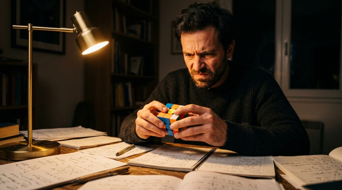 Homme concentré essayant de résoudre le cube coloré