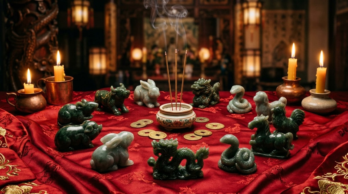 Homme confiant contemplant des symboles lumineux du zodiaque chinois dans une ambiance mystique chaleureuse