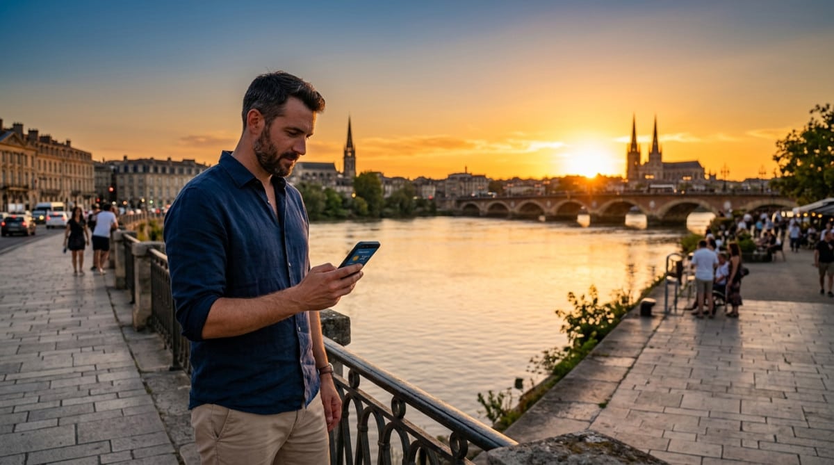 Homme consultant la météo au bord de la Garonne à Bordeaux