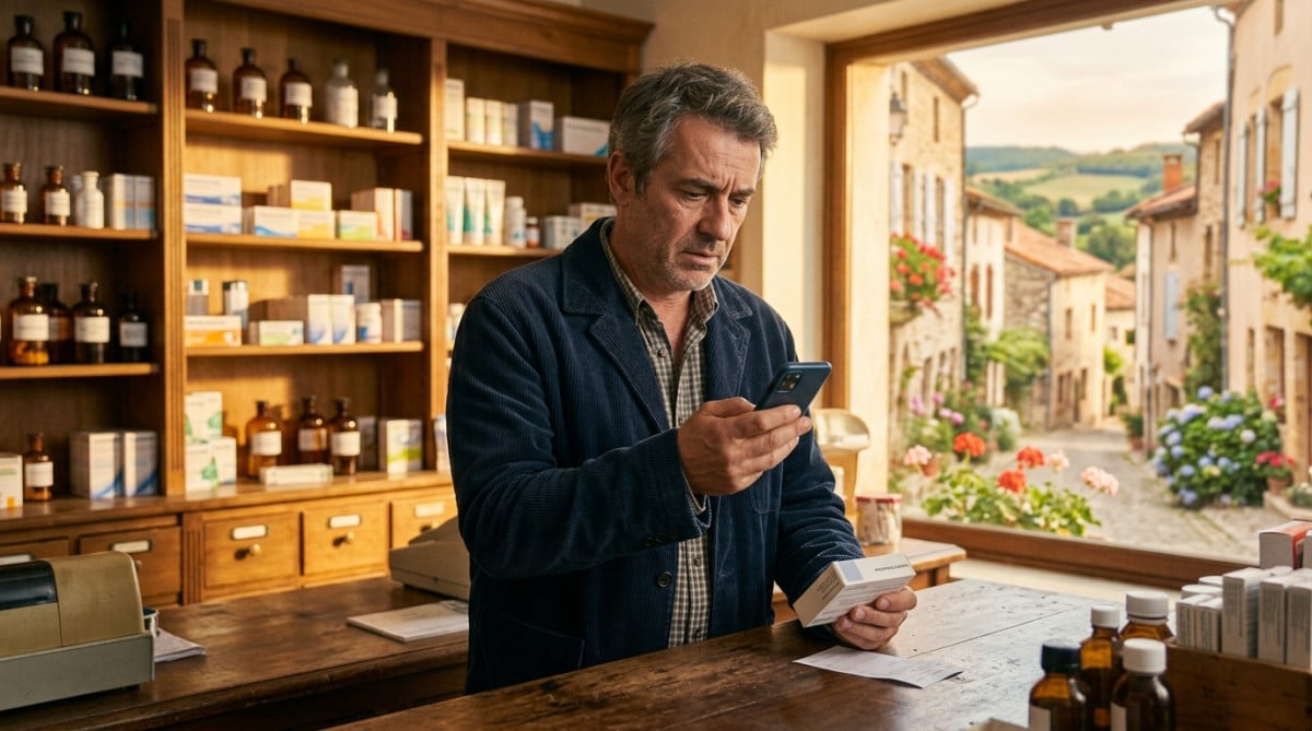 Homme consultant son téléphone avec des antalgiques
