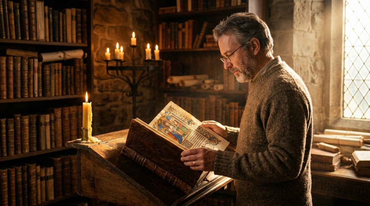 Homme curieux consultant un livre d'histoire religieuse ancien