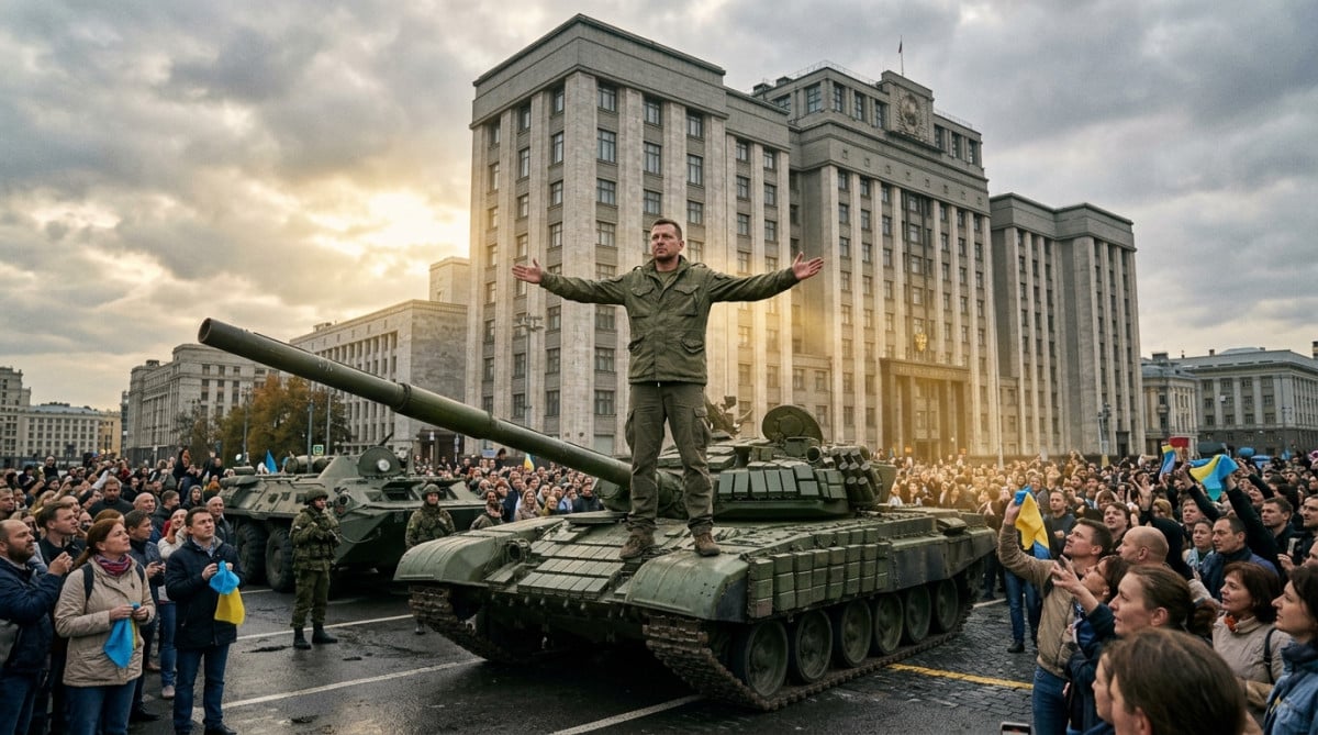 Homme debout sur un char devant le Parlement à Moscou