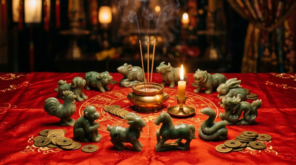 Homme émerveillé contemplant des lanternes lumineuses formant les signes du zodiaque chinois au crépuscule