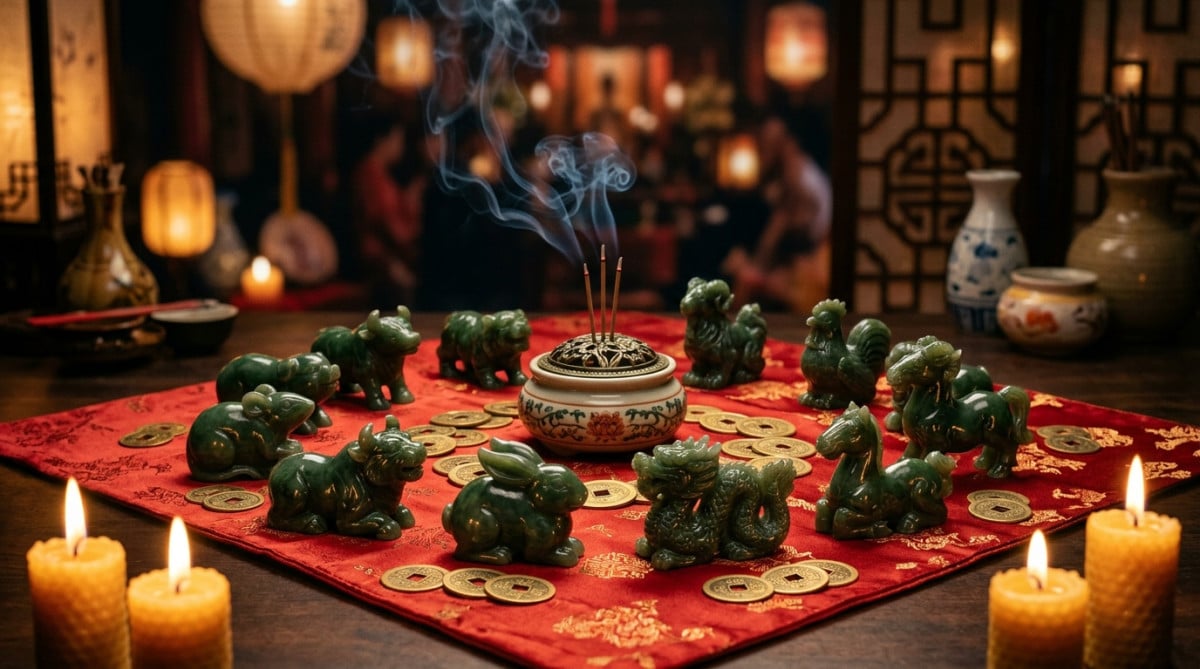 Homme émerveillé contemplant un ciel étoilé avec les animaux du zodiaque chinois illuminés