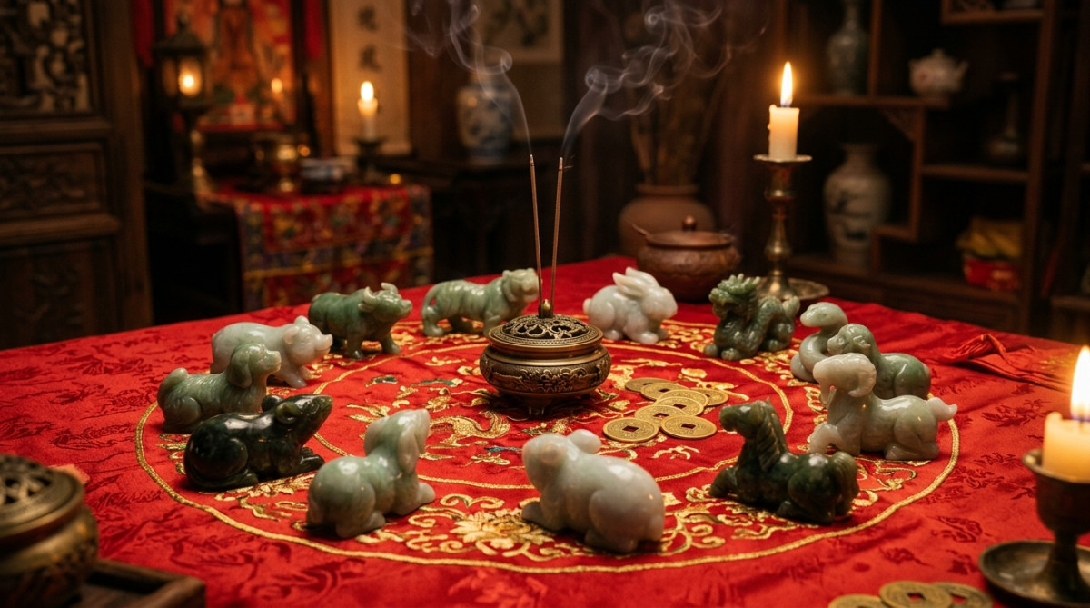 Homme émerveillé contemplant une lumière dorée avec les animaux du zodiaque chinois en arrière-plan