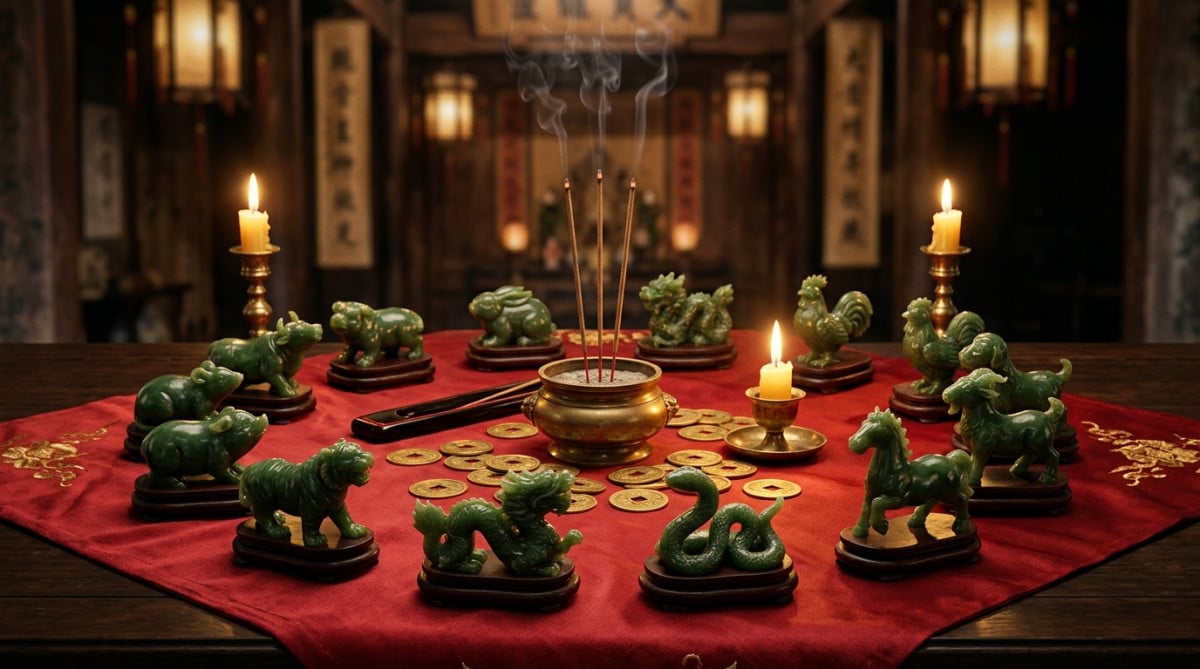Homme émerveillé devant des silhouettes lumineuses des signes du zodiaque chinois au coucher du soleil