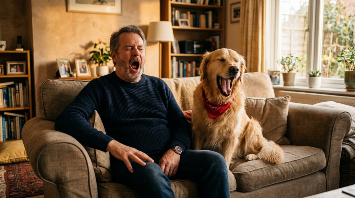 Homme et son chien bâillent ensemble sur un canapé