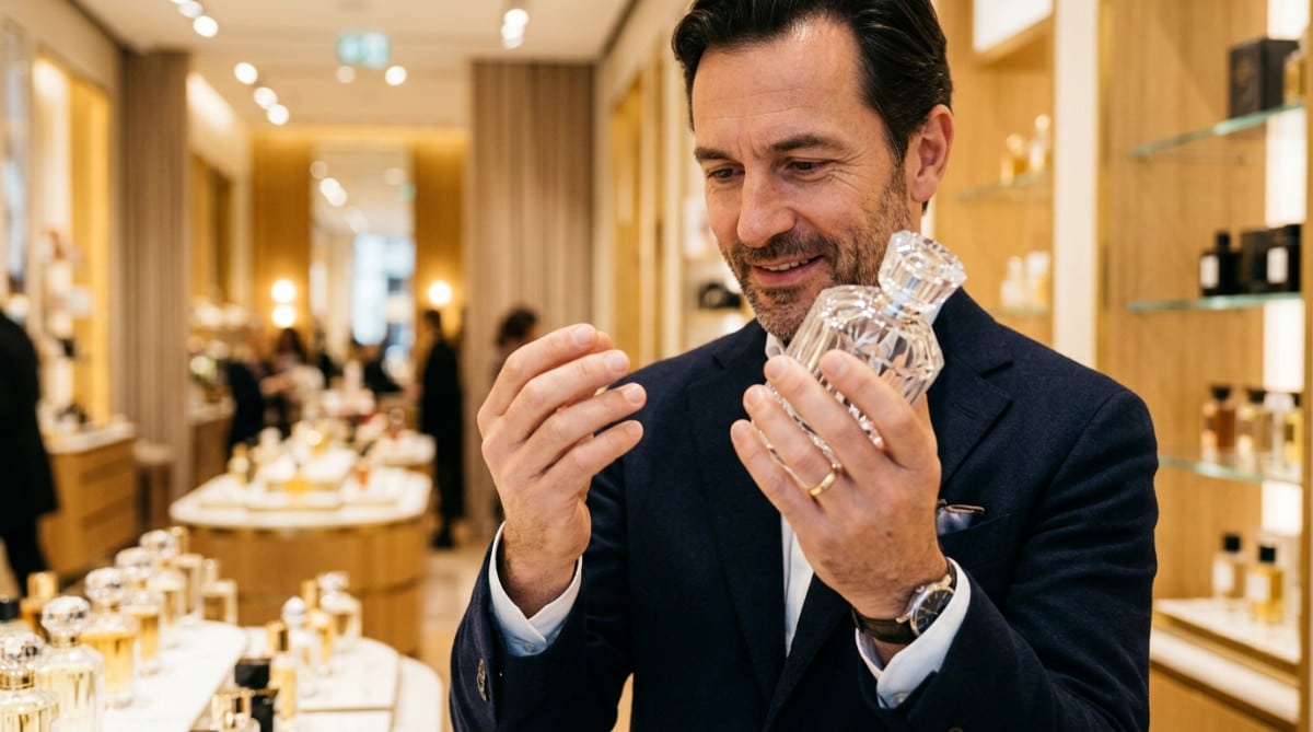 Homme examinant un flacon de parfum de luxe