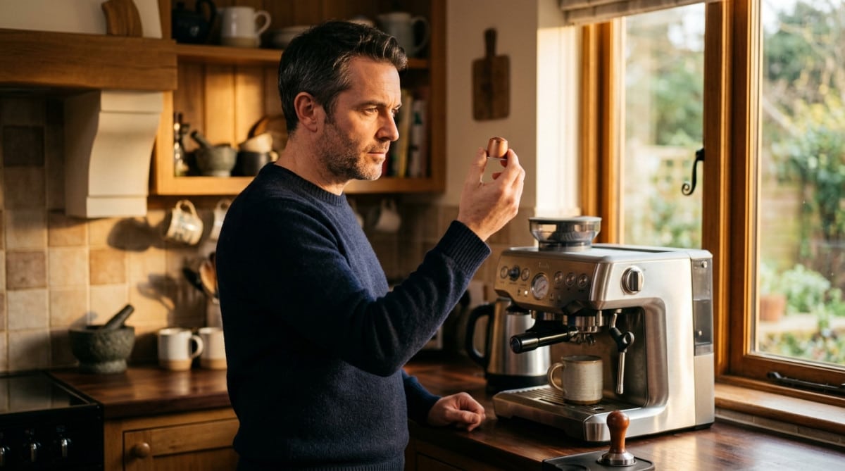 Homme examinant une capsule de café premium