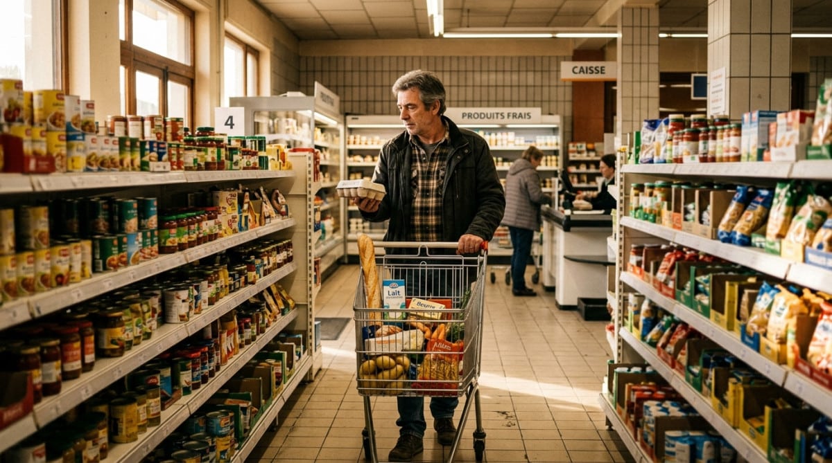 Homme faisant ses courses dans un supermarché rural