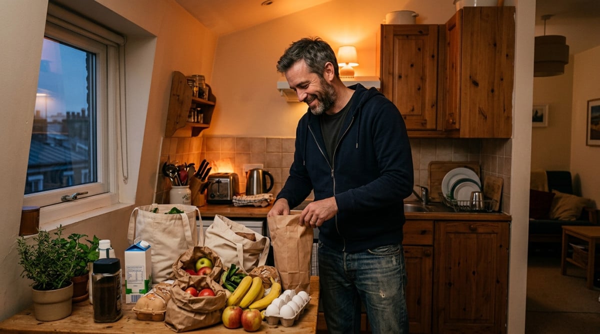 Homme faisant ses courses tôt le matin