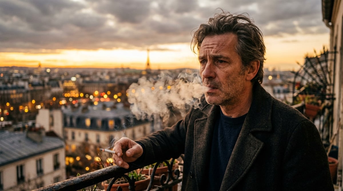 Homme fumant une cigarette sur un balcon au crépuscule