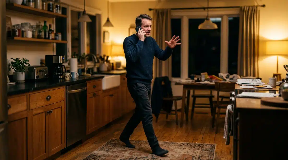 Homme gesticulant en marchant pendant un appel