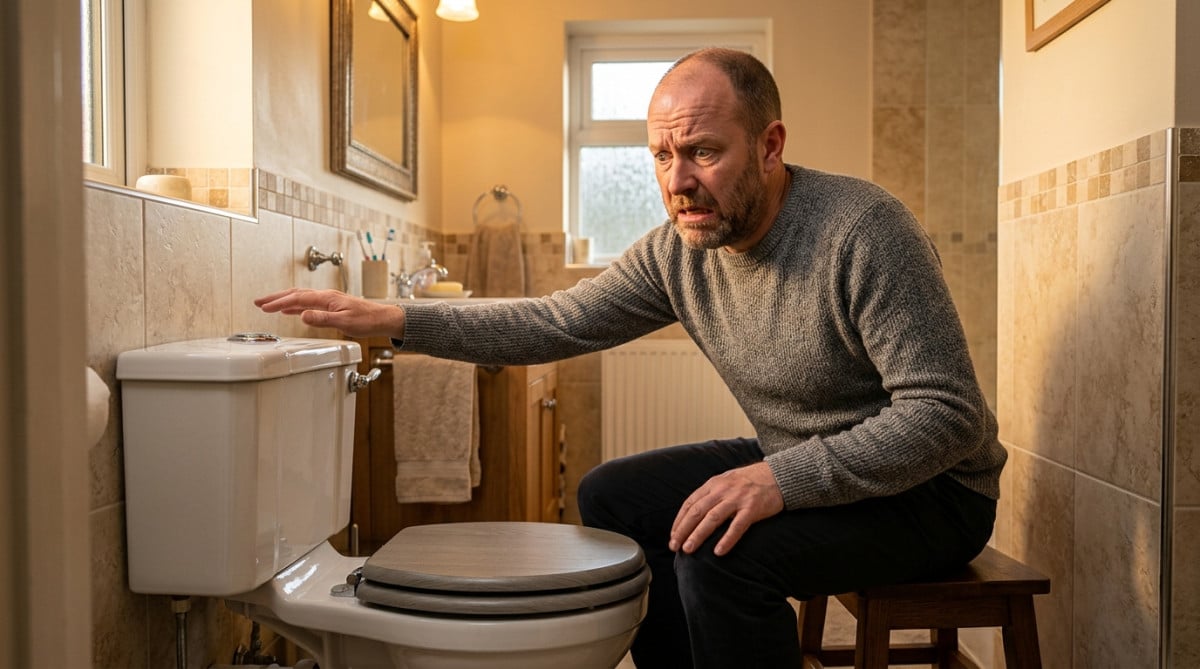 Homme hésitant devant le bouton de la chasse d'eau