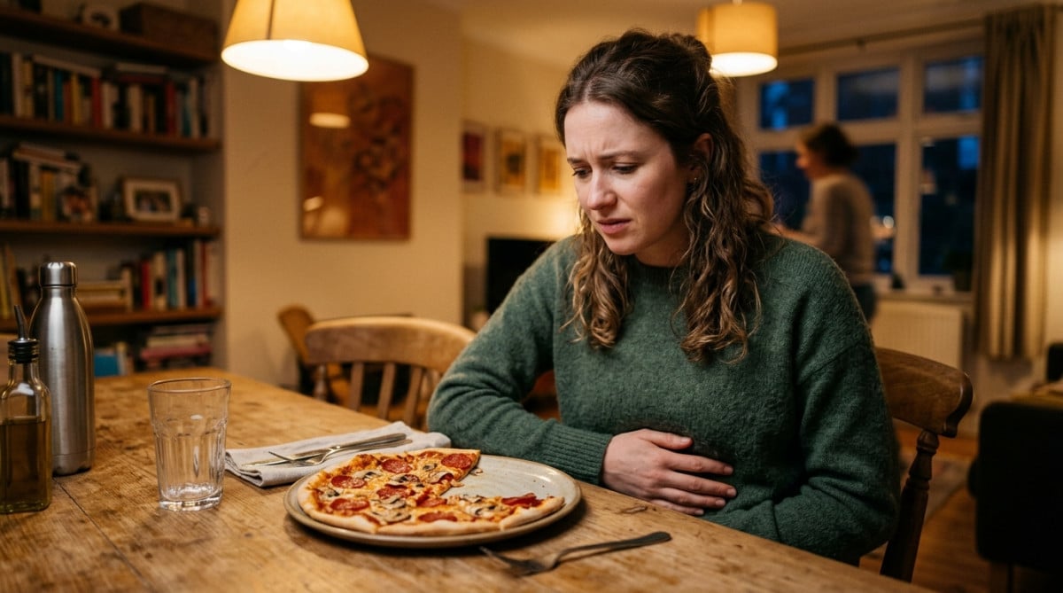Homme inconfortable après un repas de pizza copieux