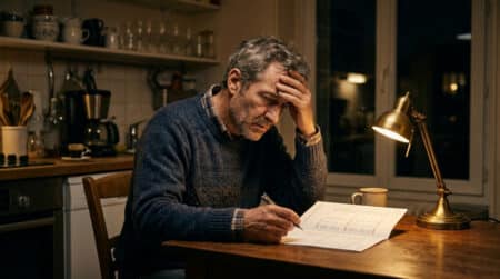Homme inquiet consultant son relevé bancaire le soir