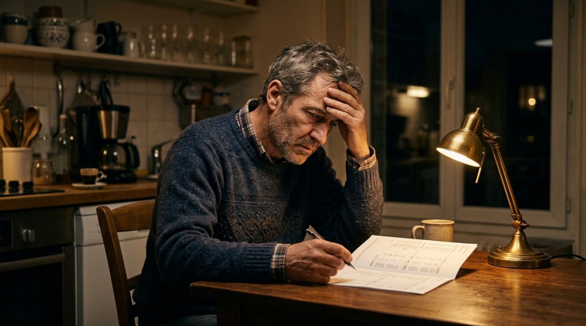 Homme inquiet consultant son relevé bancaire le soir