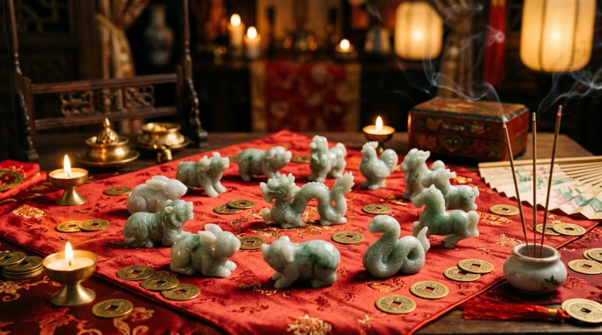 Homme joyeux sous un ciel mystique entouré des animaux du zodiaque chinois illuminés
