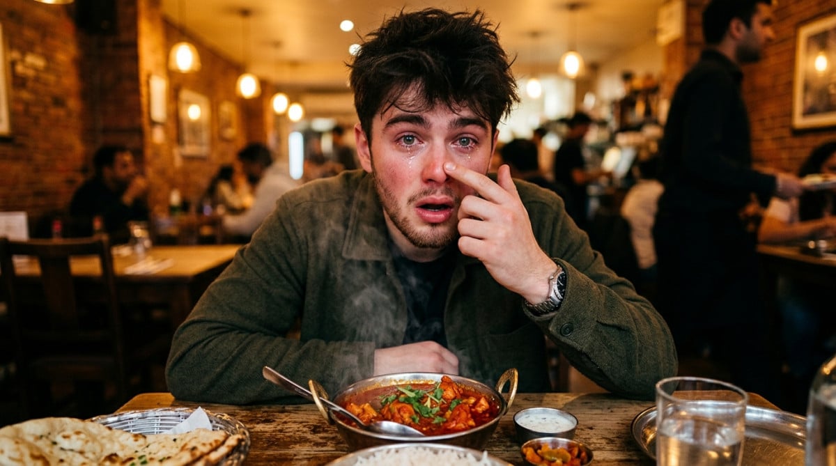 Homme mangeant un plat épicé avec le nez qui coule
