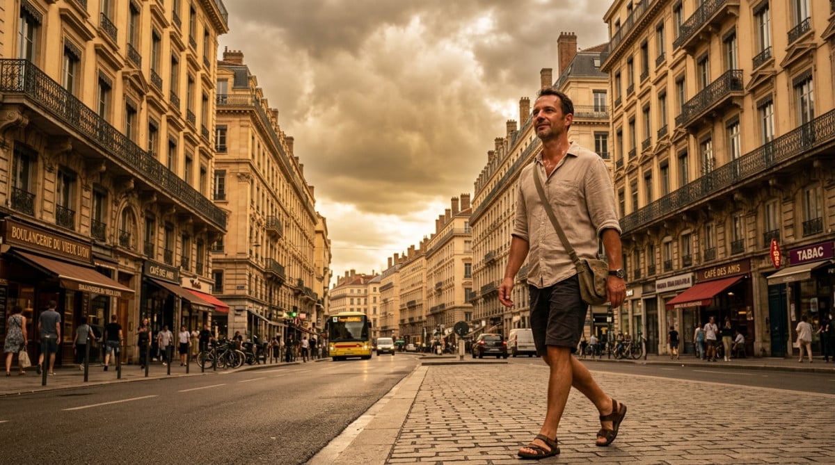 Homme marchant sous ciel couvert et chaleur à Lyon