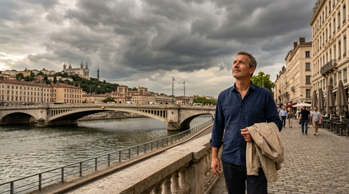 Homme observant le ciel nuageux à Lyon avant l'orage